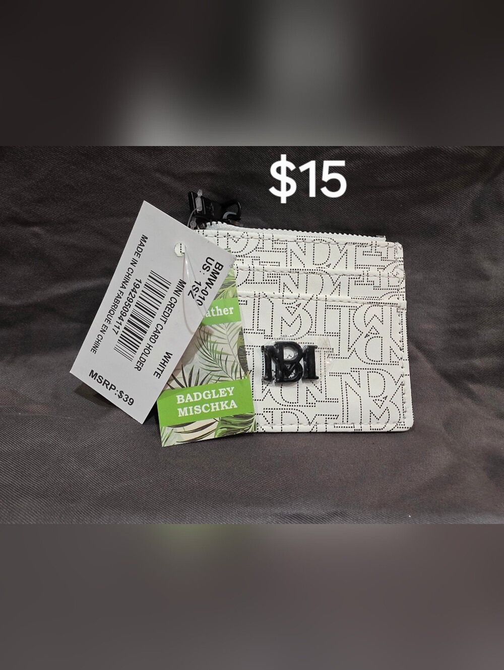 Badgley Mischka White and Black Logo Pattern Mini Card Holder